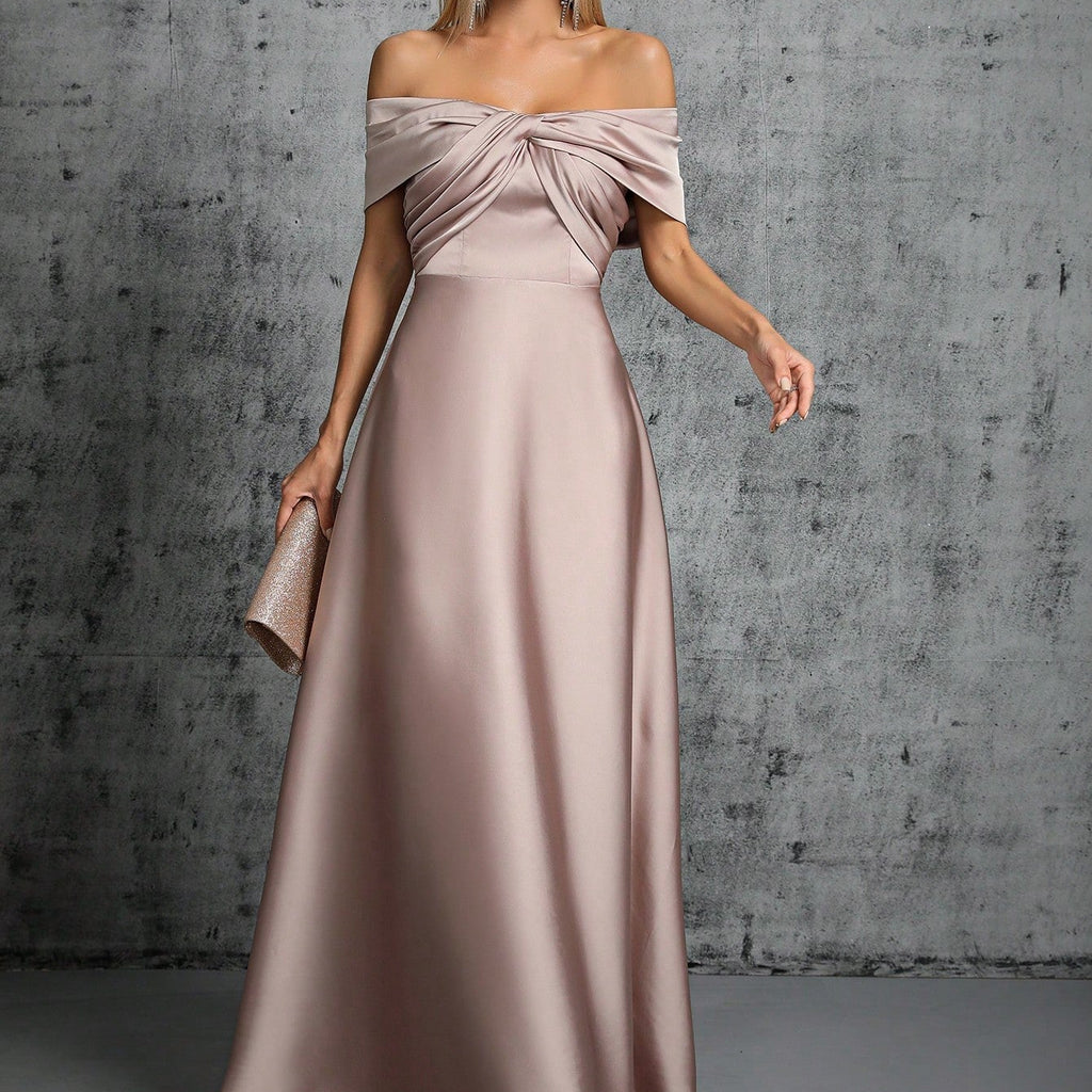 Elegantes Abendkleid Satin Champagner Off Shoulder Bodenlanges Ballkleid für Galas Events