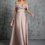 Elegantes Abendkleid Satin Champagner Off Shoulder Bodenlanges Ballkleid für Galas Events