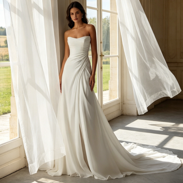Minimalistische Satin-Robe mit Beinschlitz – Elegantes Corsagen-Maxikleid in Elfenbein