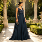 Bodenlanges Abendkleid für Damen, Dunkelblau, Pailletten-Oberteil, V-Ausschnitt, Chiffon-Rock