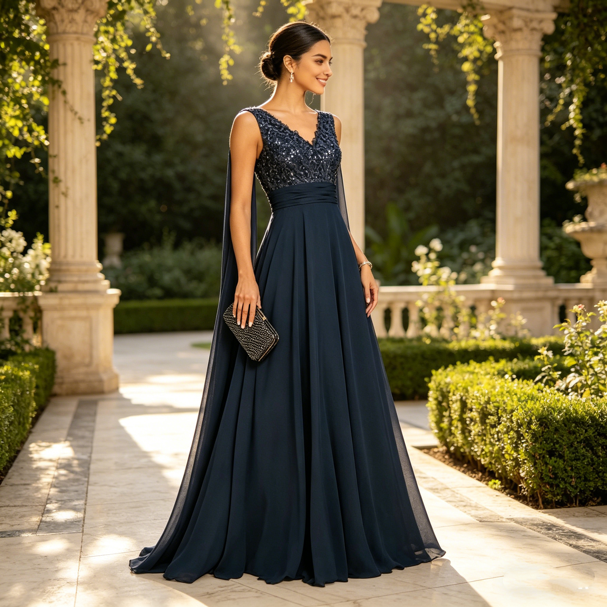 Bodenlanges Abendkleid für Damen, Dunkelblau, Pailletten-Oberteil, V-Ausschnitt, Chiffon-Rock