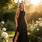 Elegantes Abendkleid Schwarz Ärmellos mit Volant-Saum und hohem Beinschlitz