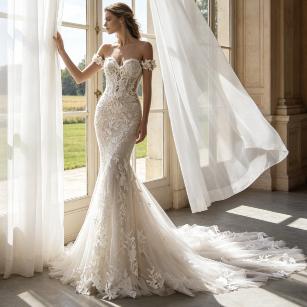 Off-Shoulder Abendkleid mit floralen Spitze-Applikationen – Meerjungfrau-Schnitt mit Schleppe