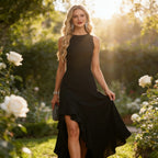 Elegantes Abendkleid Schwarz Ärmellos mit Volant-Saum und hohem Beinschlitz