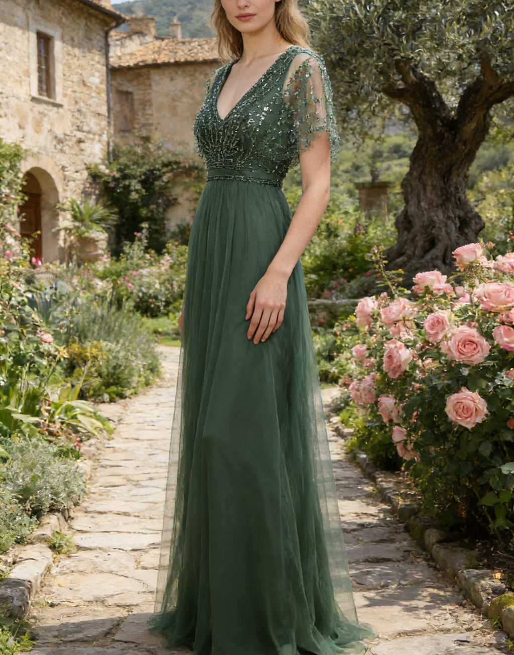 Elegantes Maxikleid in Eukalyptus mit Perlenstickerei – A-Linie V-Ausschnitt