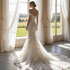 Off-Shoulder Abendkleid mit floralen Spitze-Applikationen – Meerjungfrau-Schnitt mit Schleppe