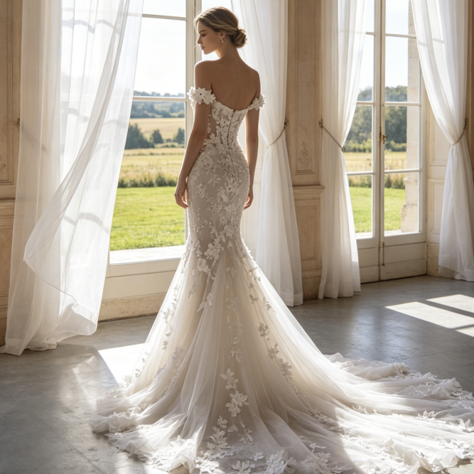 Off-Shoulder Abendkleid mit floralen Spitze-Applikationen – Meerjungfrau-Schnitt mit Schleppe