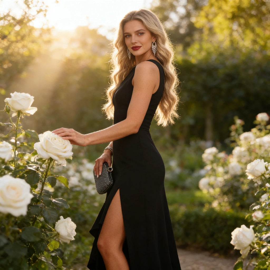 Elegantes Abendkleid Schwarz Ärmellos mit Volant-Saum und hohem Beinschlitz
