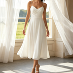 Elegantes Midikleid in Weiß – A-Linien-Modell mit fließendem Chiffon, filigranen Spaghetti-Trägern und sommerlicher Leichtigkeit