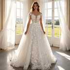 A-Linien Abendrobe mit floralen Spitze-Applikationen – Ärmelloses Maxikleid mit Cap-Elementen