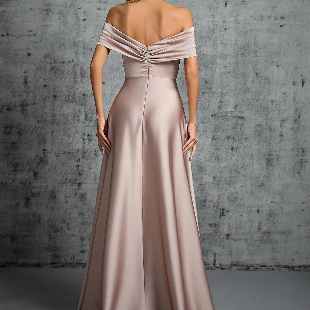 Elegantes Abendkleid Satin Champagner Off Shoulder Bodenlanges Ballkleid für Galas Events