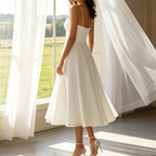 Elegantes Midikleid in Weiß – A-Linien-Modell mit fließendem Chiffon, filigranen Spaghetti-Trägern und sommerlicher Leichtigkeit
