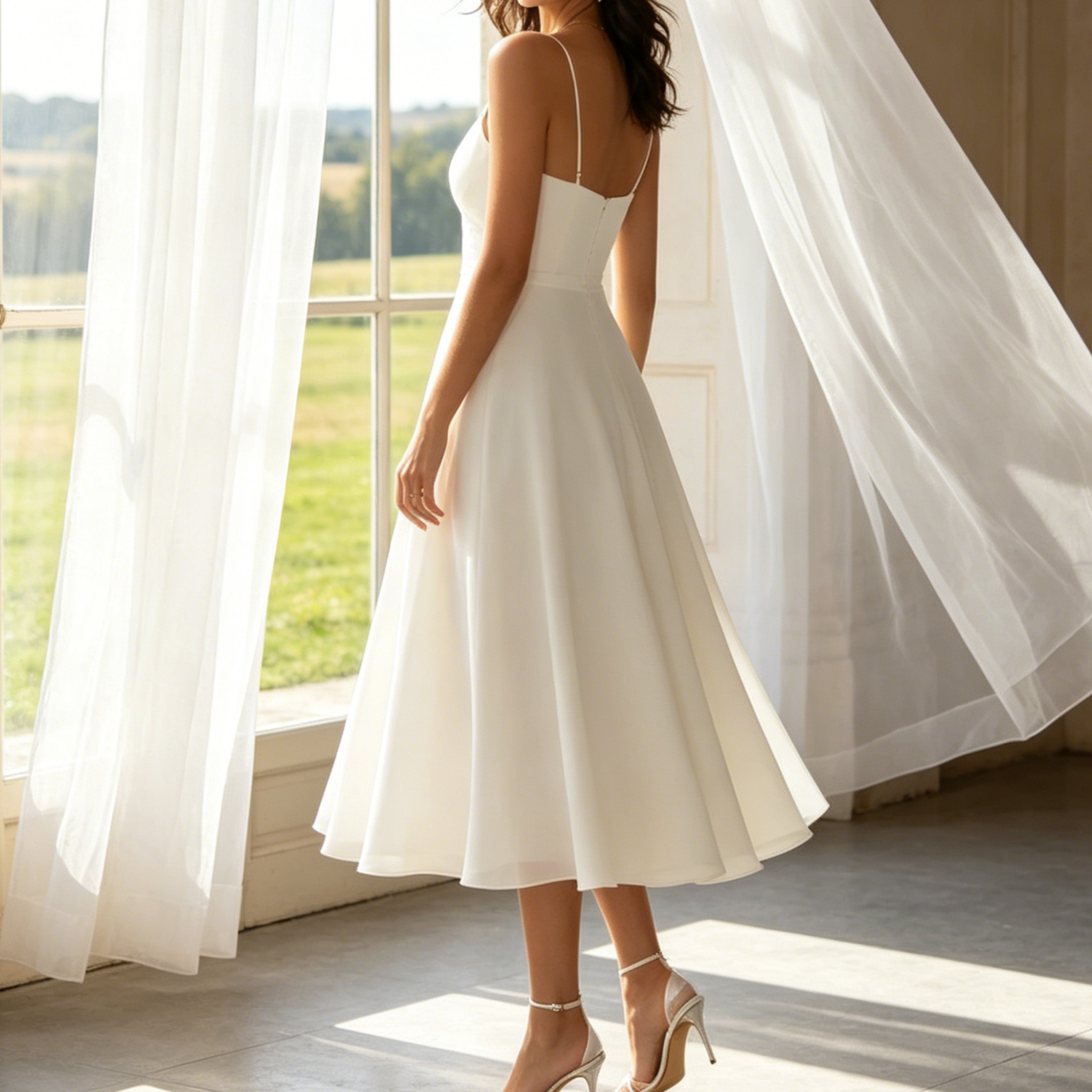 Elegantes Midikleid in Weiß – A-Linien-Modell mit fließendem Chiffon, filigranen Spaghetti-Trägern und sommerlicher Leichtigkeit