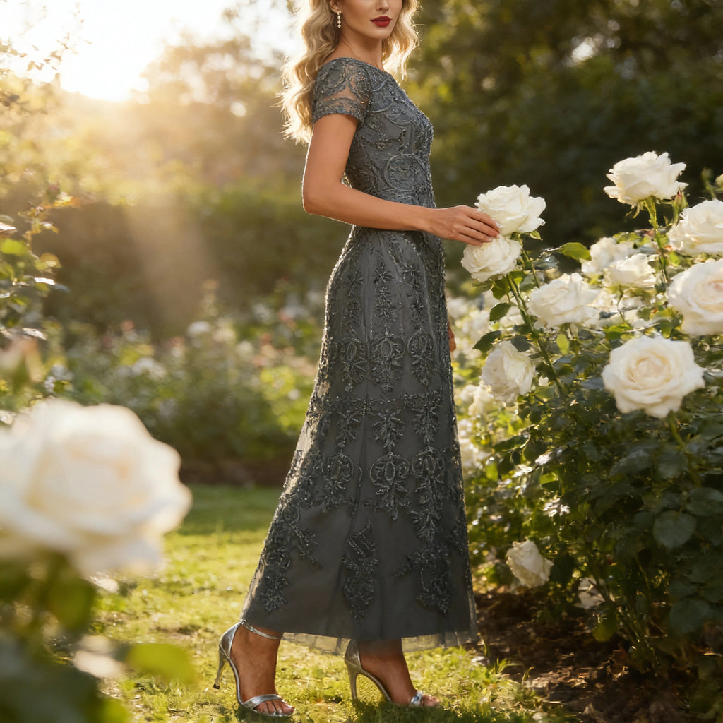 Exklusives Abendkleid Navyblau One-Shoulder mit 3D-Blüten und Seitenschlitz