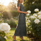Exklusives Abendkleid Navyblau One-Shoulder mit 3D-Blüten und Seitenschlitz