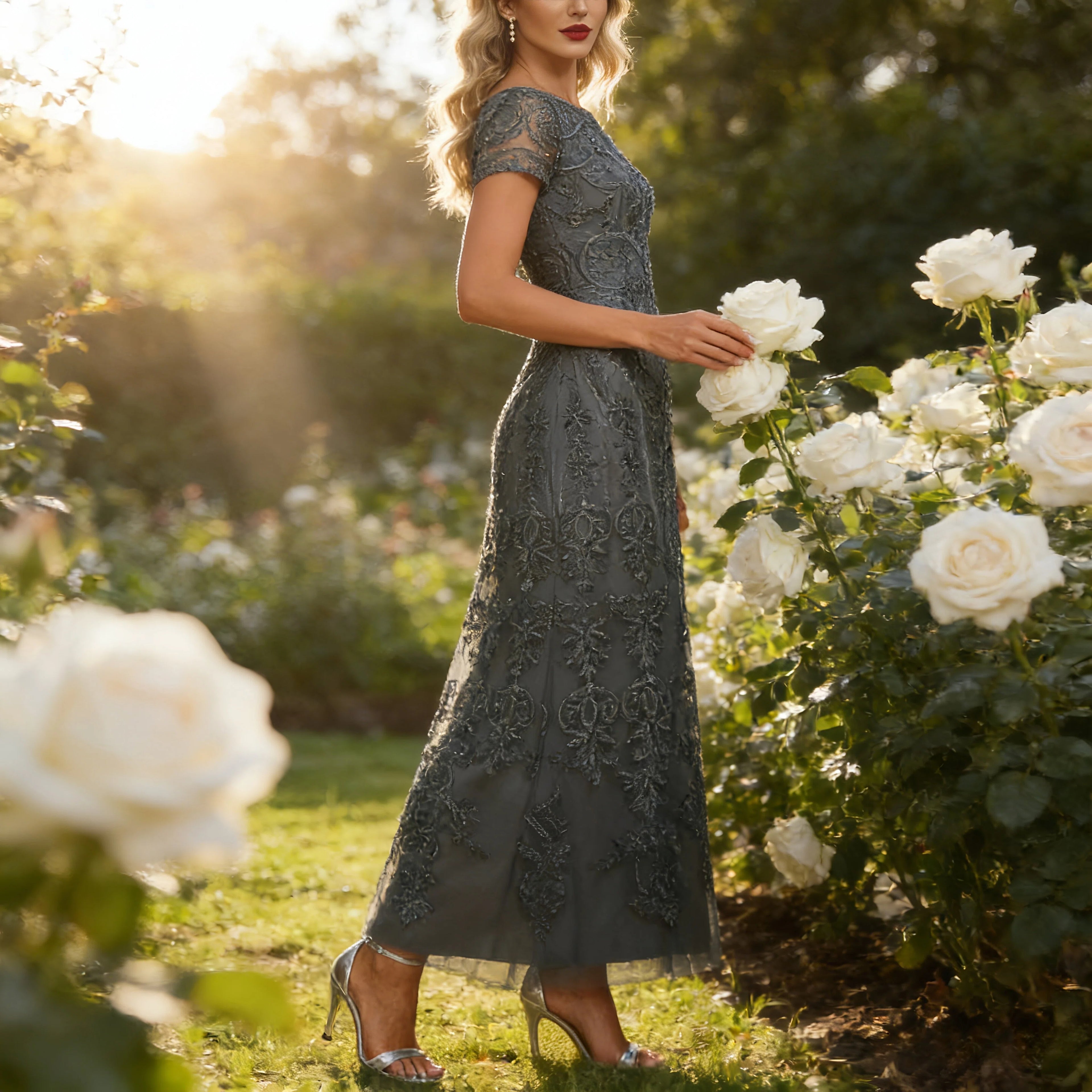 Exklusives Abendkleid Navyblau One-Shoulder mit 3D-Blüten und Seitenschlitz