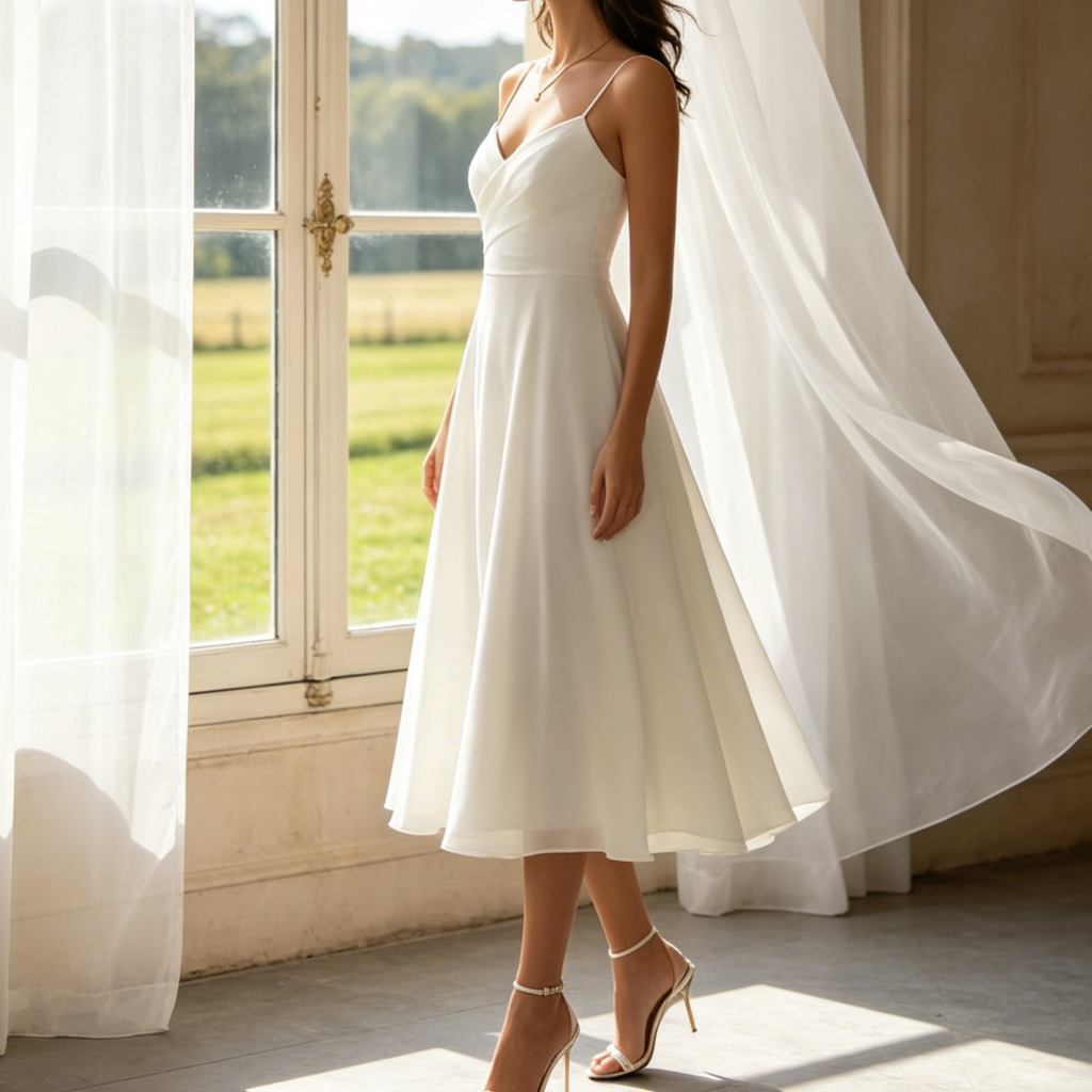 Elegantes Midikleid in Weiß – A-Linien-Modell mit fließendem Chiffon, filigranen Spaghetti-Trägern und sommerlicher Leichtigkeit