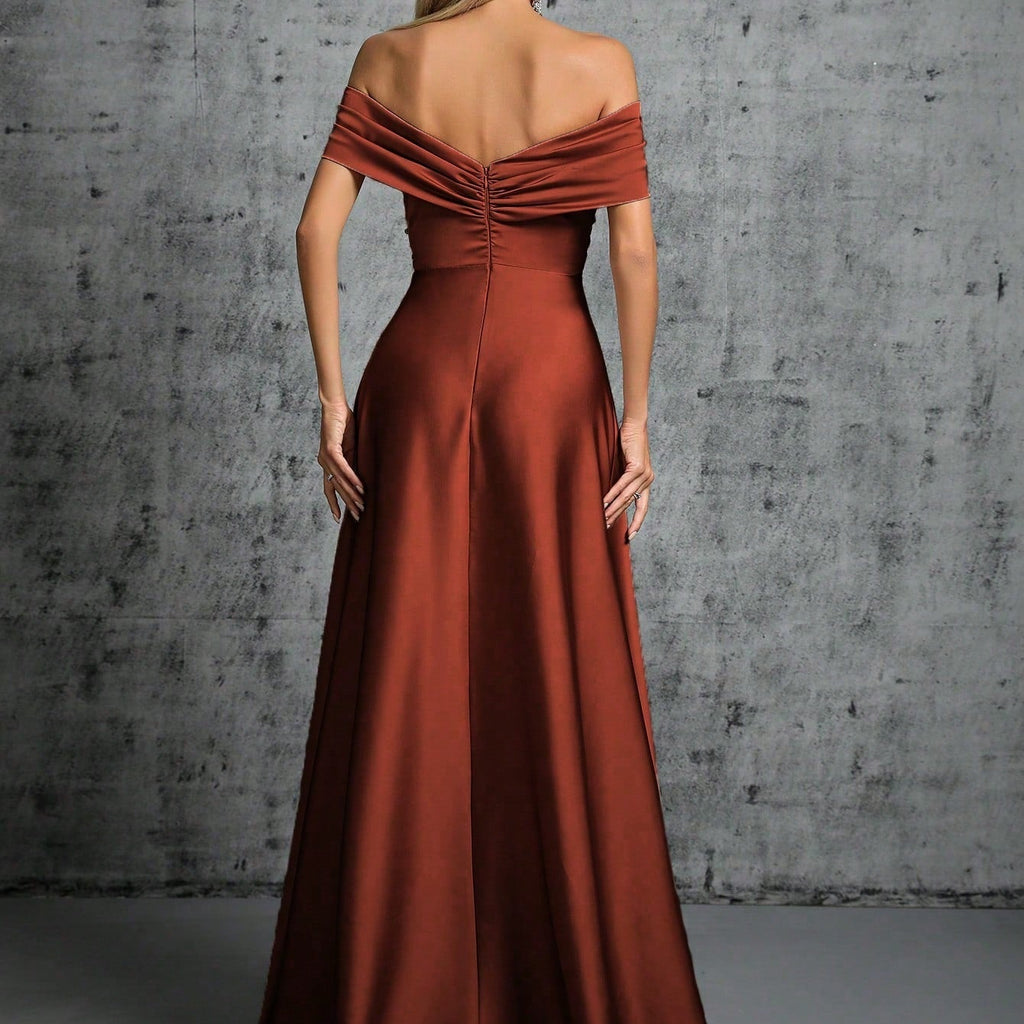 Elegantes Abendkleid Satin Rostrot Off Shoulder Bodenlanges Ballkleid für Galas und Events