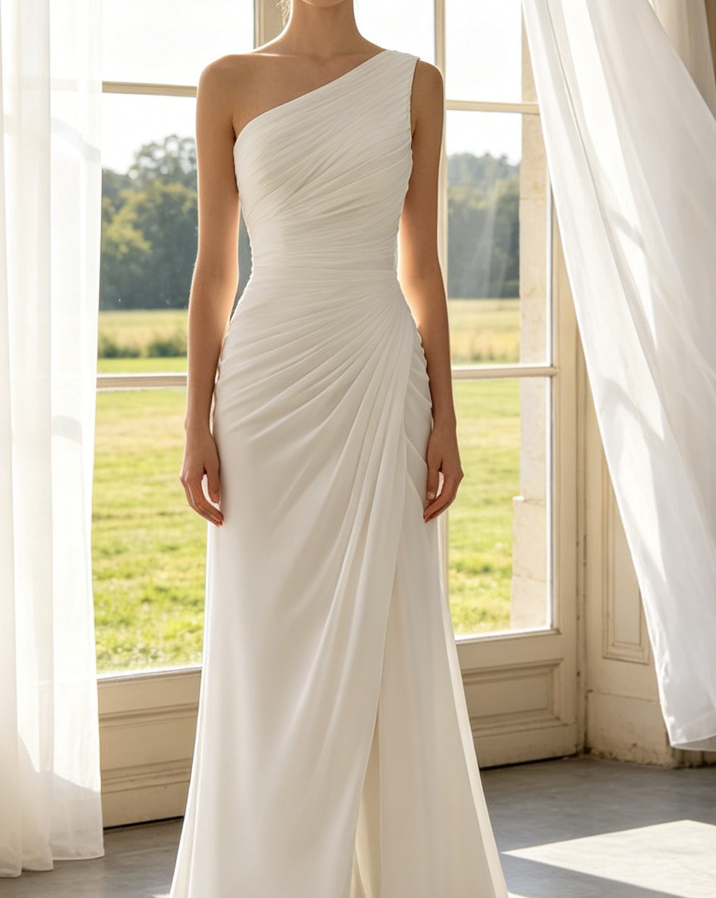 Elegantes Maxikleid in Elfenbein – Exklusives Etuimodell mit One-Shoulder-Schnitt, hohem Schlitz und fließendem Chiffon