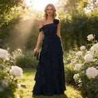 Exklusives Abendkleid Dunkelblau One-Shoulder mit Kaskaden-Rüschen und 3D-Blume