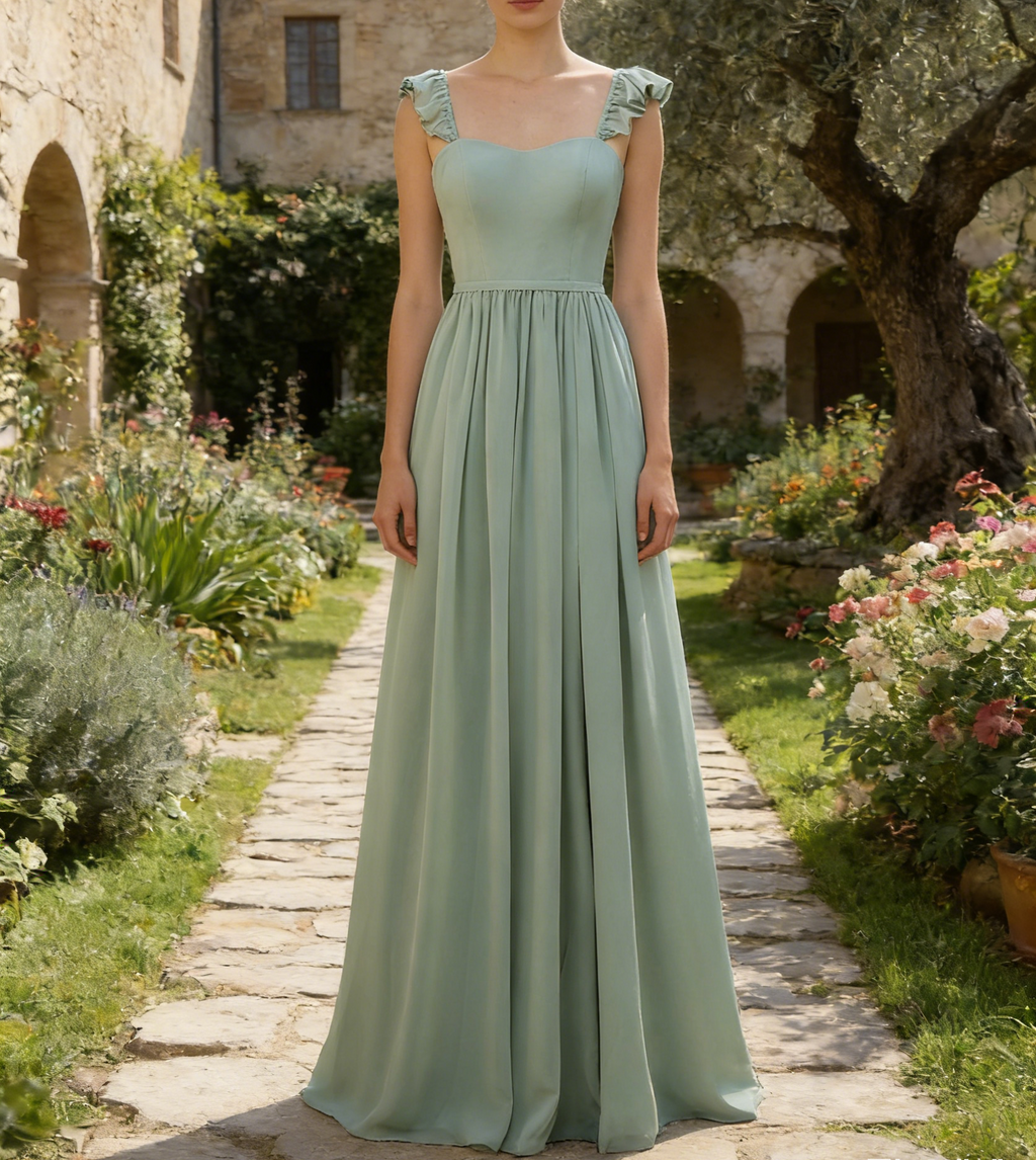 Elegantes A-Linien in Dusty Sage mit verspielten Rüschen