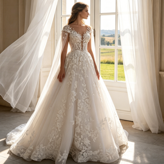 A-Linien Abendrobe mit floralen Spitze-Applikationen – Ärmelloses Maxikleid mit Cap-Elementen