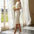 Elegantes Midikleid Etuikleid in Elfenbein – Figurbetontes Midikleid mit 3/4-Ärmeln und kunstvollen Applikationen für besondere Momente