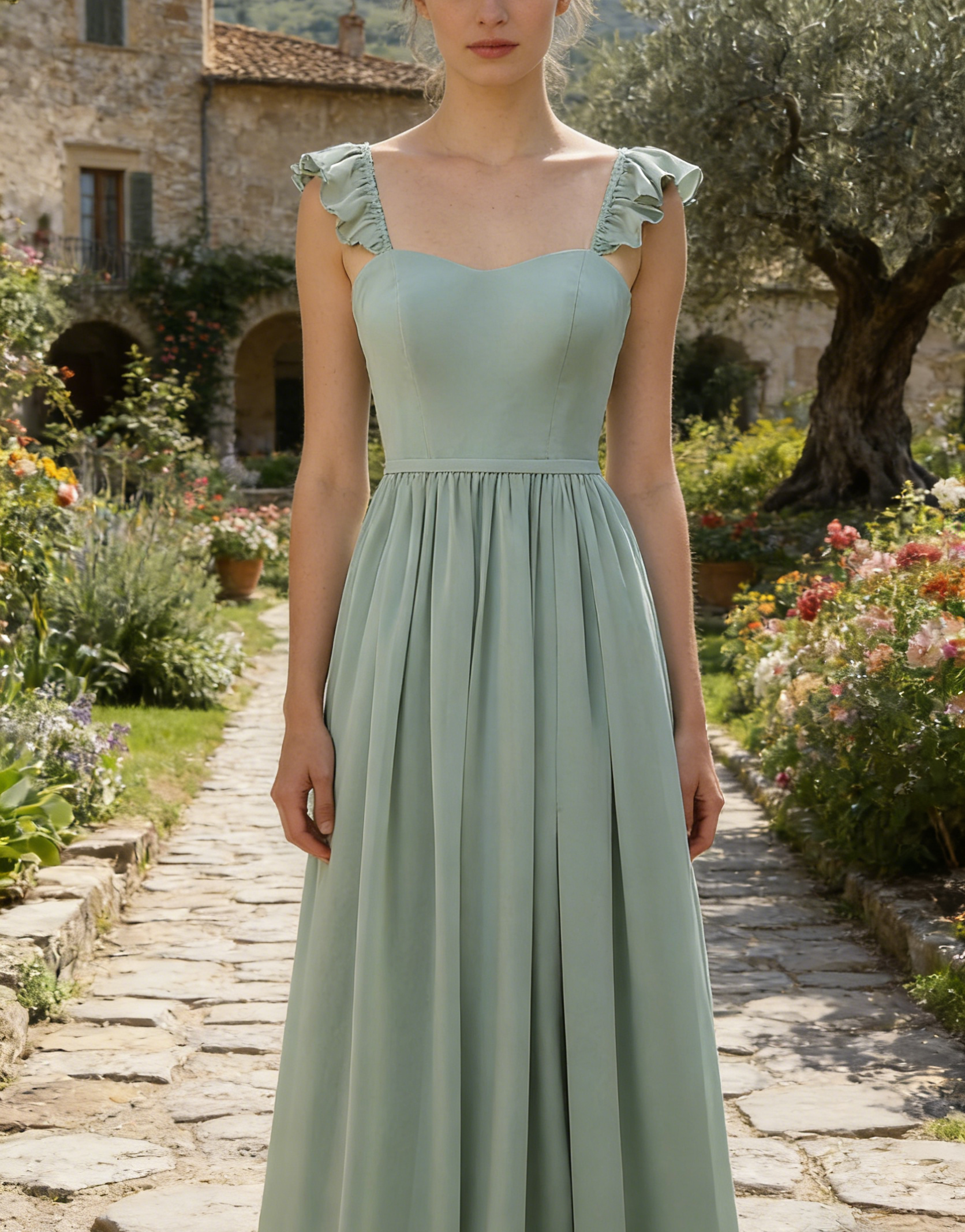 Elegantes A-Linien in Dusty Sage mit verspielten Rüschen