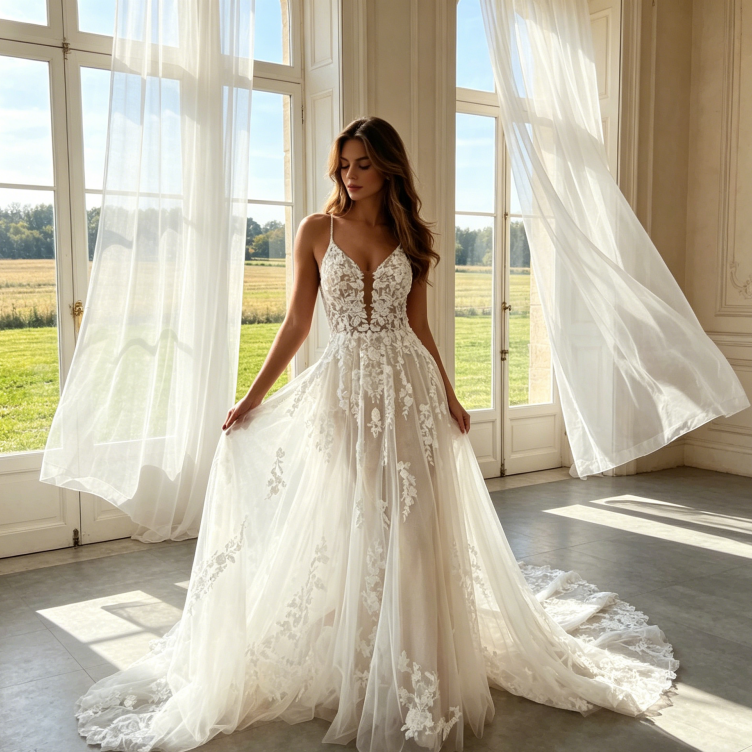Maxikleid mit floraler Stickerei und Tüllrock – Ärmellos – Elfenbein