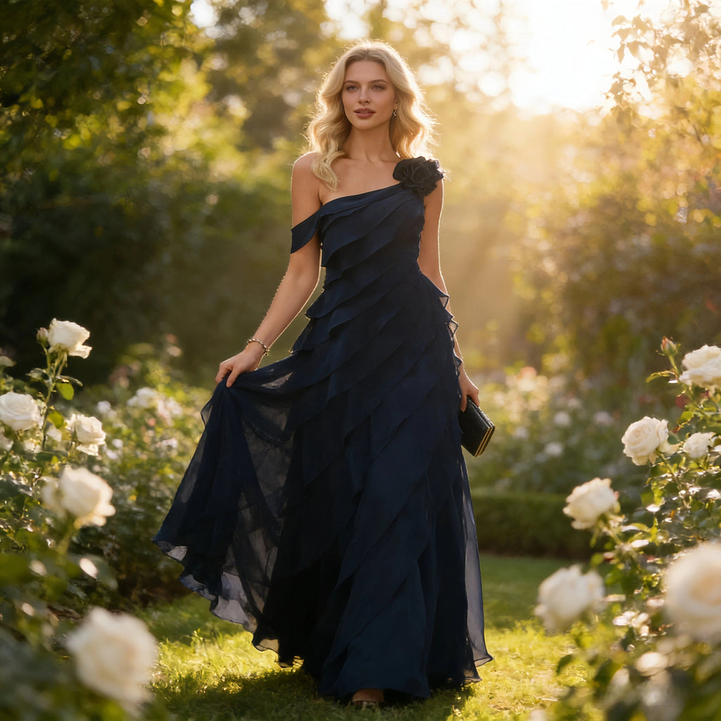 Exklusives Abendkleid Dunkelblau One-Shoulder mit Kaskaden-Rüschen und 3D-Blume