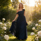 Exklusives Abendkleid Dunkelblau One-Shoulder mit Kaskaden-Rüschen und 3D-Blume