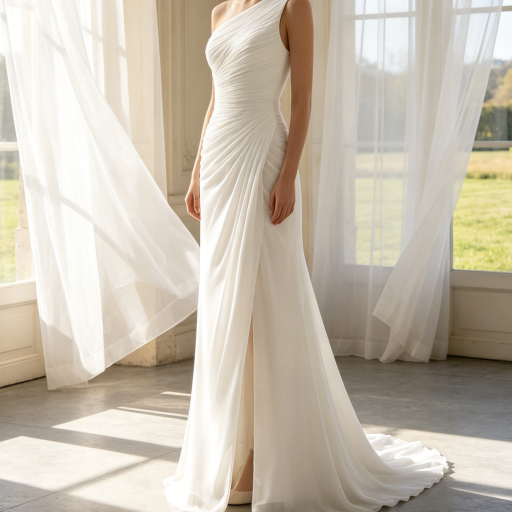 Elegantes Maxikleid in Elfenbein – Exklusives Etuimodell mit One-Shoulder-Schnitt, hohem Schlitz und fließendem Chiffon