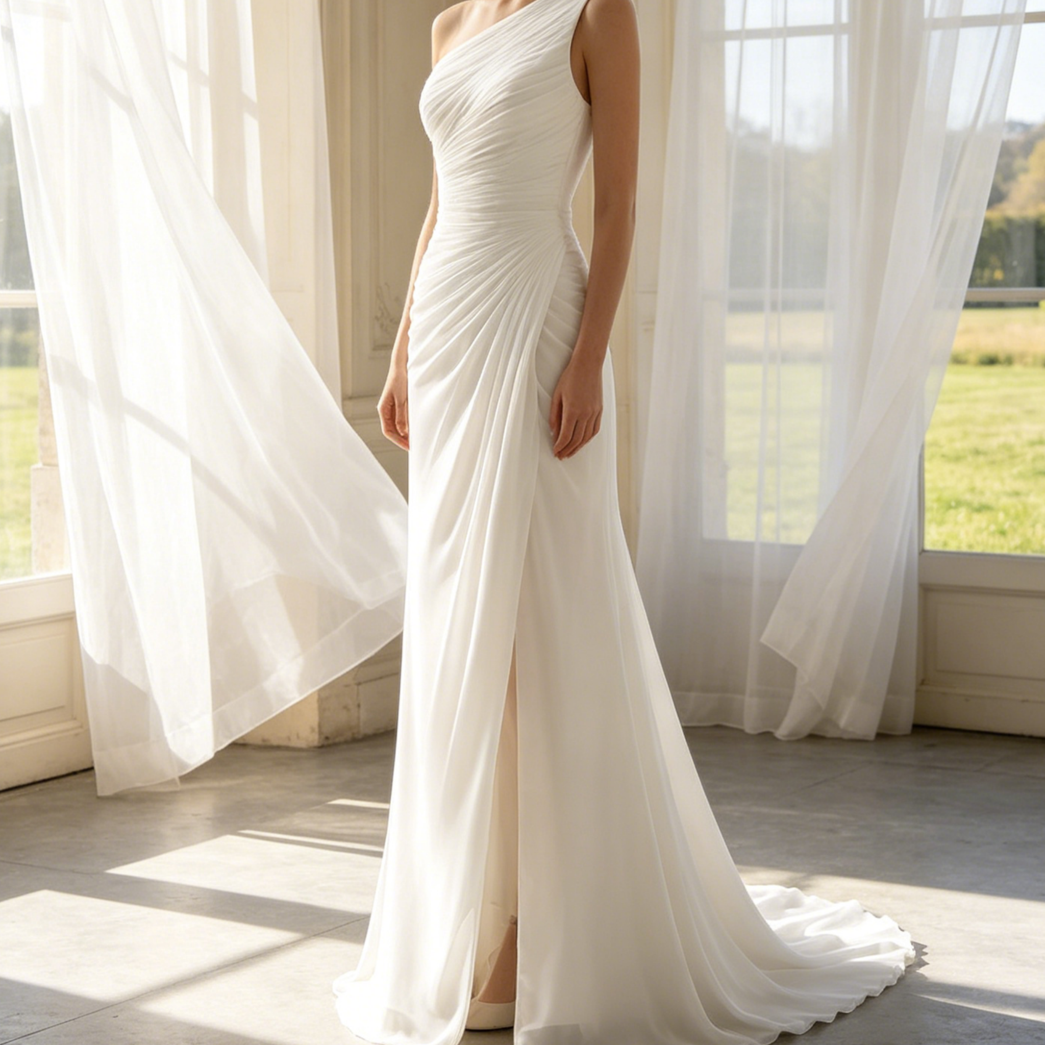 Elegantes Maxikleid in Elfenbein – Exklusives Etuimodell mit One-Shoulder-Schnitt, hohem Schlitz und fließendem Chiffon