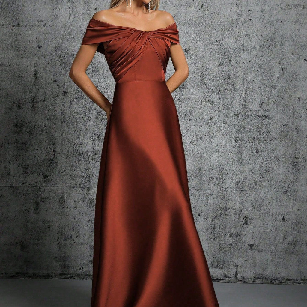 Elegantes Abendkleid Satin Rostrot Off Shoulder Bodenlanges Ballkleid für Galas und Events