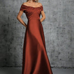 Elegantes Abendkleid Satin Rostrot Off Shoulder Bodenlanges Ballkleid für Galas und Events