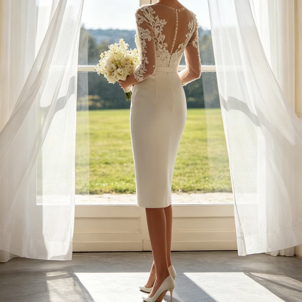 Elegantes Midikleid Etuikleid in Elfenbein – Figurbetontes Midikleid mit 3/4-Ärmeln und kunstvollen Applikationen für besondere Momente