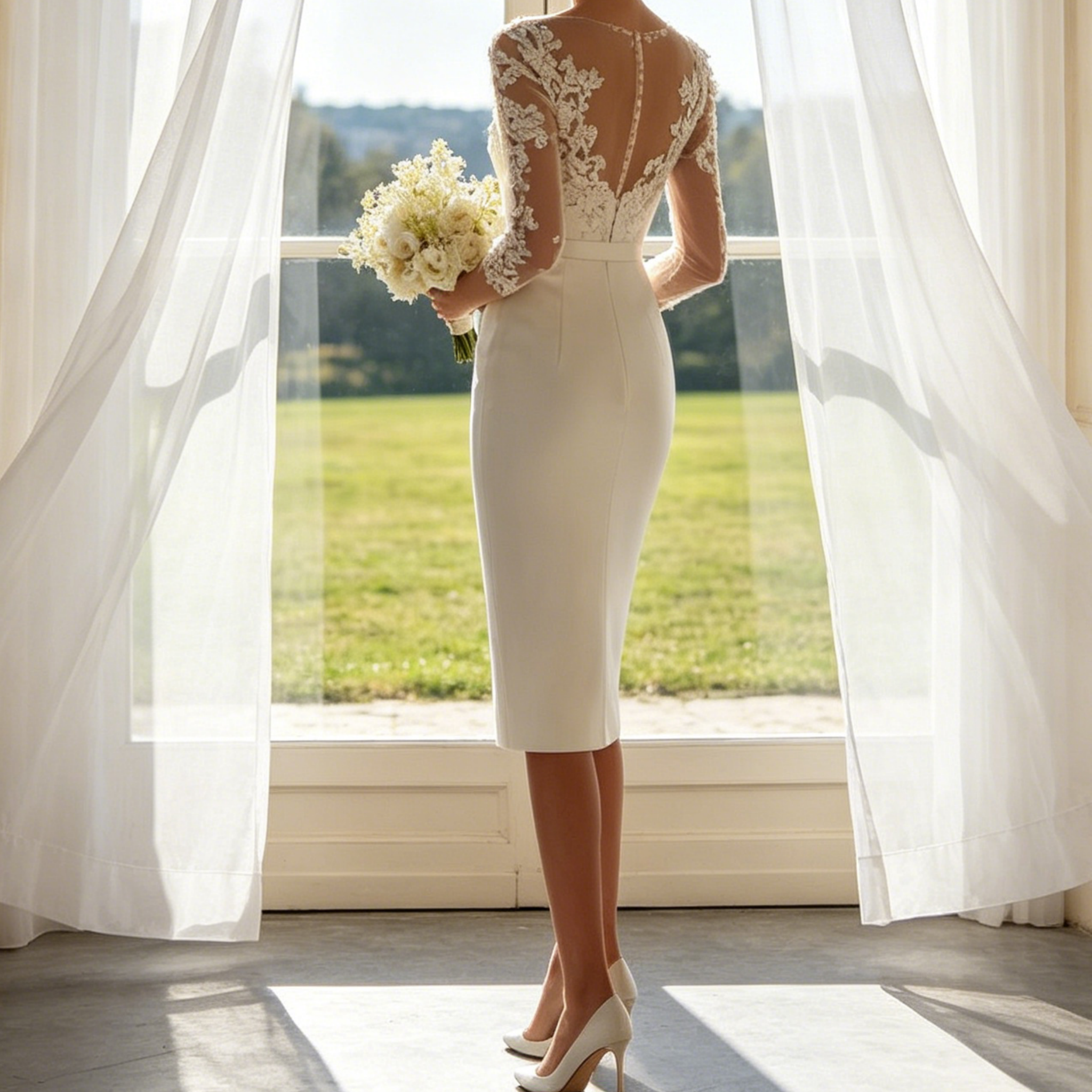 Elegantes Midikleid Etuikleid in Elfenbein – Figurbetontes Midikleid mit 3/4-Ärmeln und kunstvollen Applikationen für besondere Momente