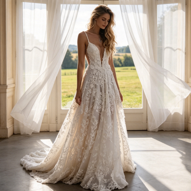 Abendrobe mit tiefem V-Ausschnitt und Beinschlitz – Besticktes Maxikleid in Elfenbein