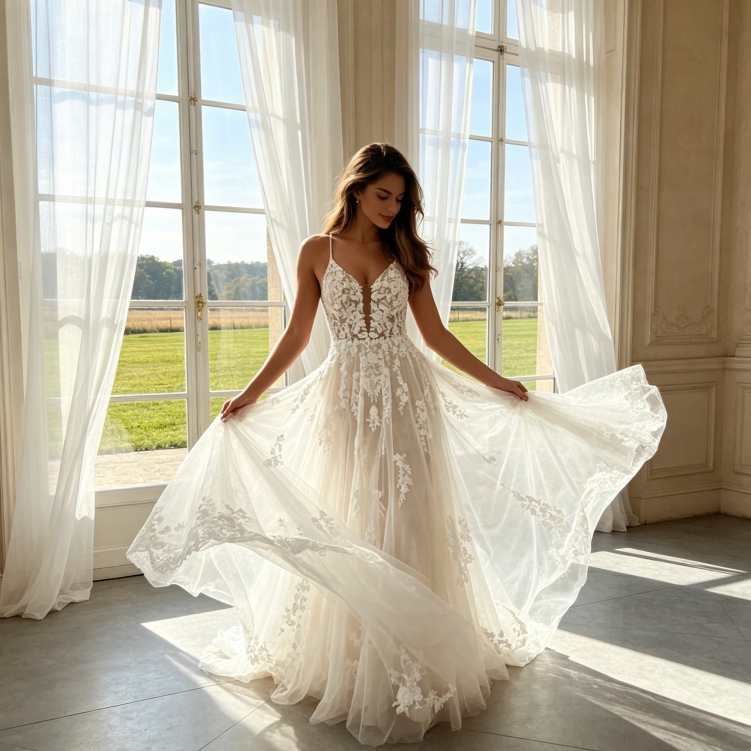 Maxikleid mit floraler Stickerei und Tüllrock – Ärmellos – Elfenbein