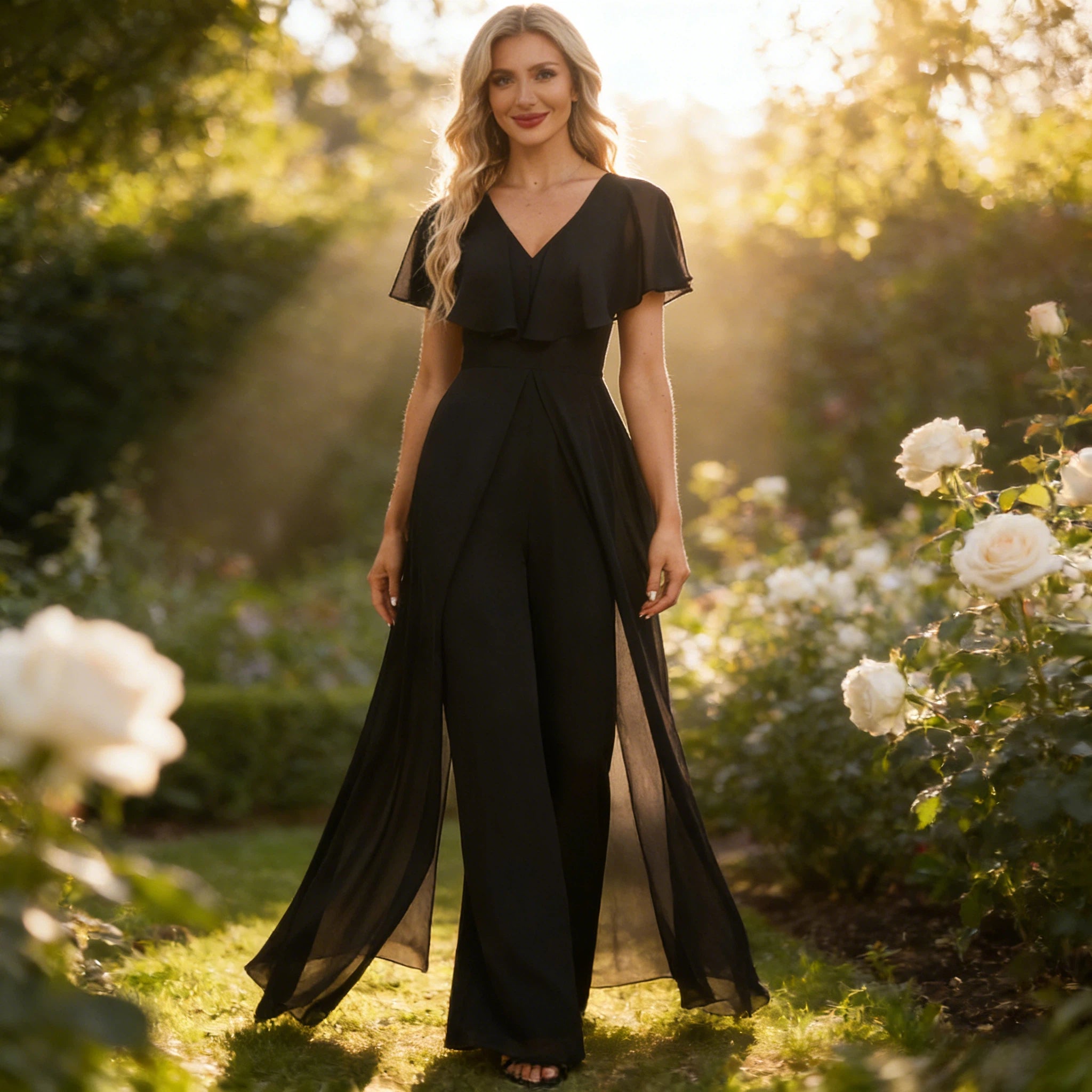 Eleganter Abend-Jumpsuit Schwarz mit V-Ausschnitt und fließendem Overlay-Rock