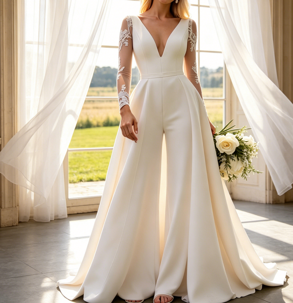 Exklusiver Jumpsuit in strahlendem Weiß – Figurbetontes Satin-Modell mit tiefem V-Ausschnitt, langen Ärmeln und moderner Silhouette