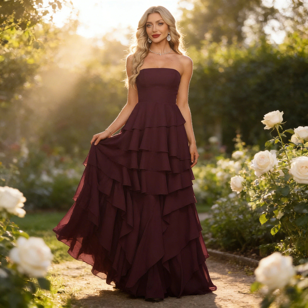 Elegantes Abendkleid Weinrot Trägerlos mit Kaskaden-Rüschen und Stufen-Saum