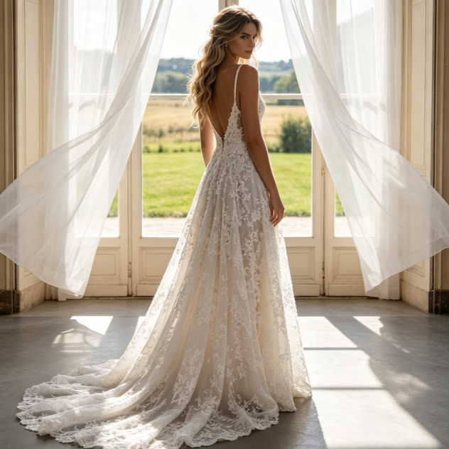 Abendrobe mit tiefem V-Ausschnitt und Beinschlitz – Besticktes Maxikleid in Elfenbein