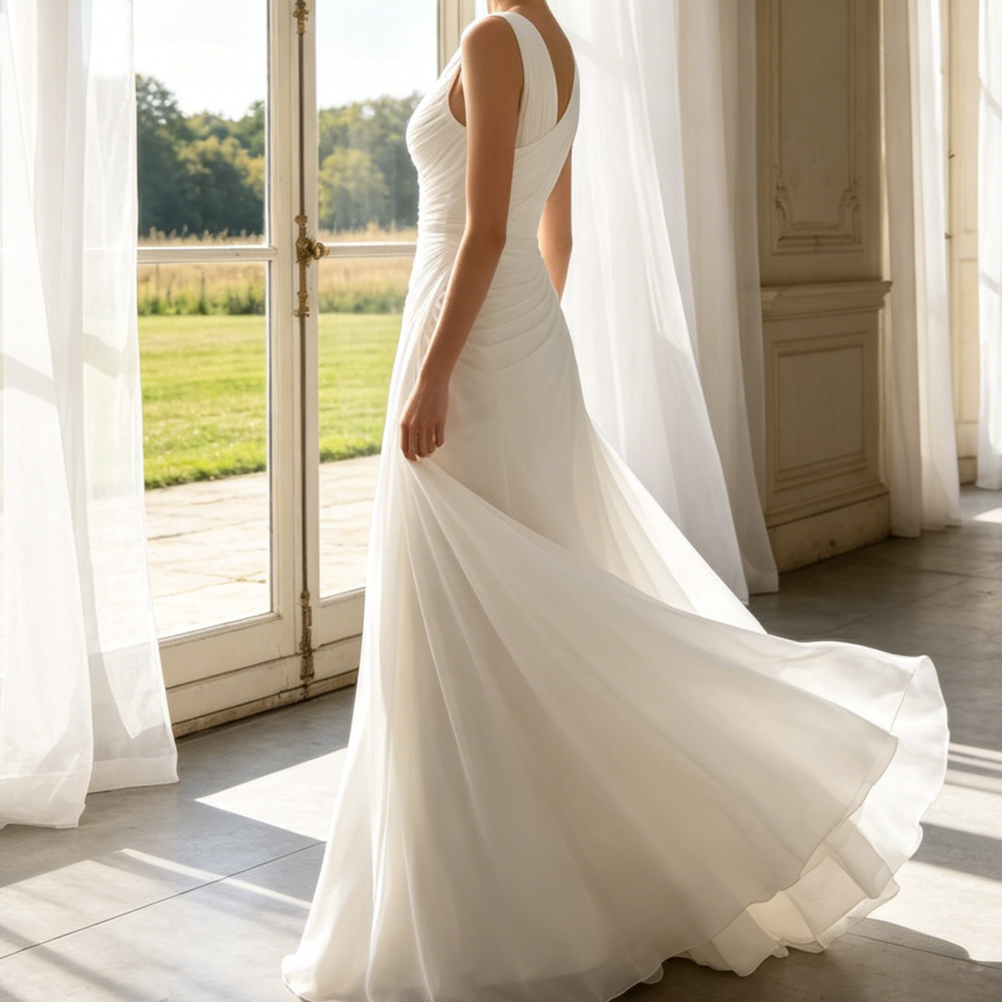 Elegantes Maxikleid in Elfenbein – Exklusives Etuimodell mit One-Shoulder-Schnitt, hohem Schlitz und fließendem Chiffon
