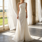 Exklusives Maxikleid in strahlendem Weiß – Elegantes Meerjungfrau-Modell mit modernem Karree-Ausschnitt und edler Pinsel-Schleppe