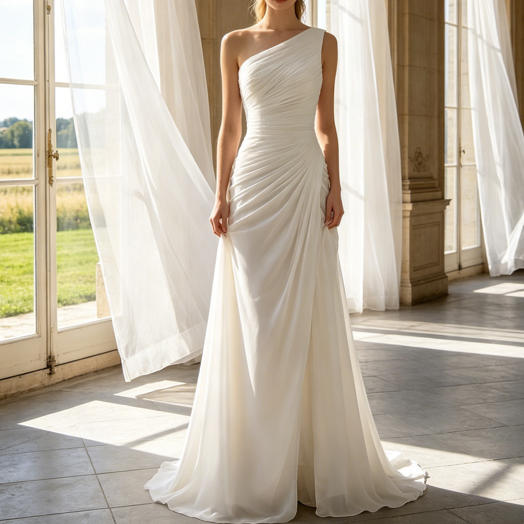 Exklusives Maxikleid in strahlendem Weiß – Elegantes Meerjungfrau-Modell mit modernem Karree-Ausschnitt und edler Pinsel-Schleppe