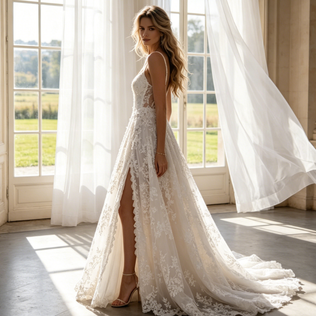Abendrobe mit tiefem V-Ausschnitt und Beinschlitz – Besticktes Maxikleid in Elfenbein