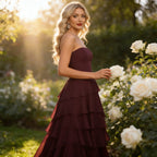 Elegantes Abendkleid Weinrot Trägerlos mit Kaskaden-Rüschen und Stufen-Saum