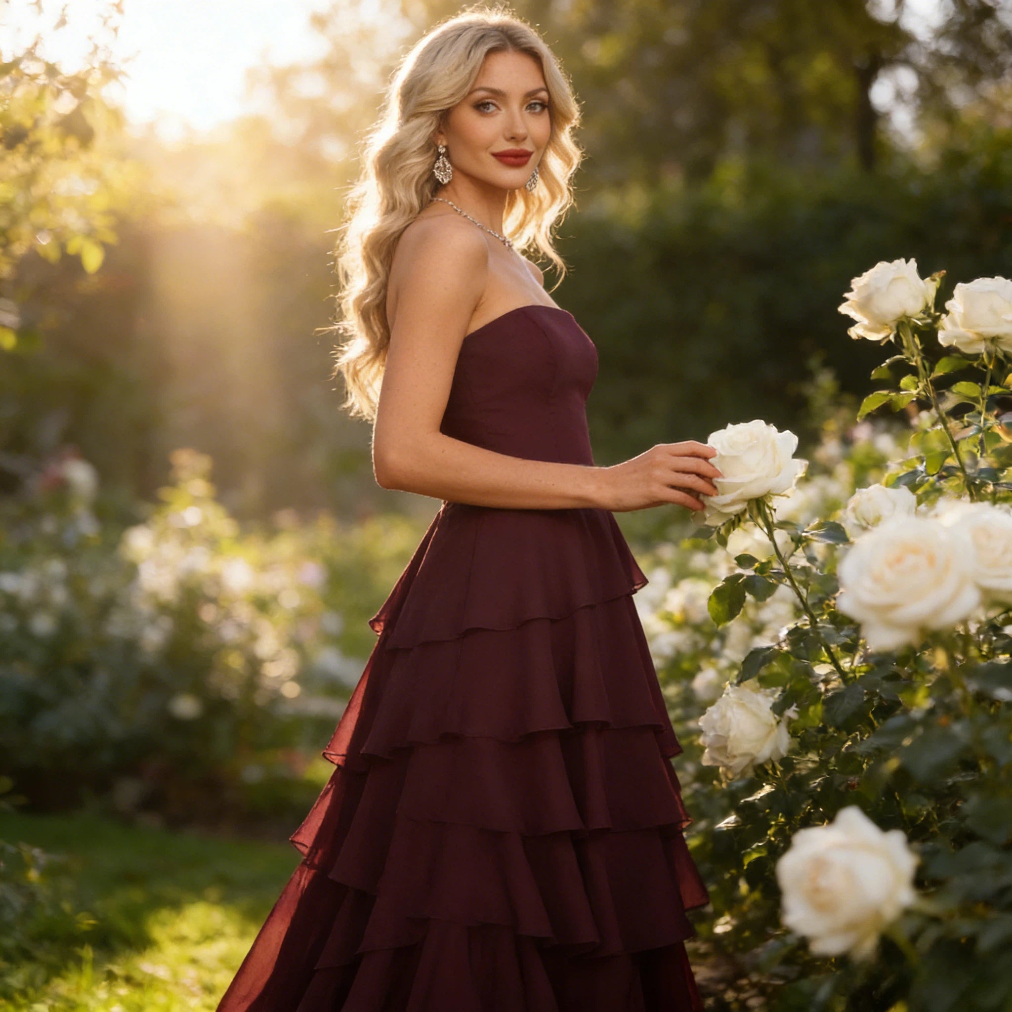 Elegantes Abendkleid Weinrot Trägerlos mit Kaskaden-Rüschen und Stufen-Saum