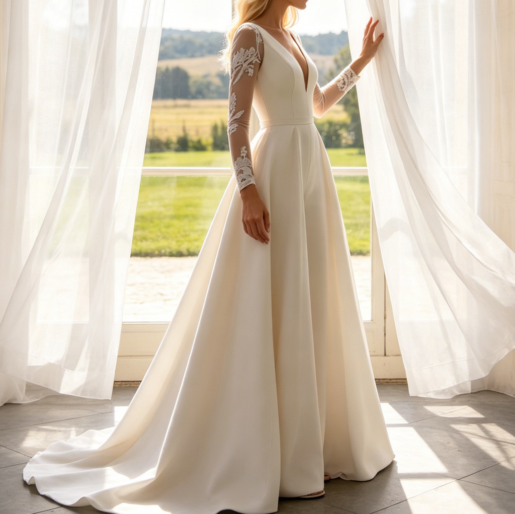 Exklusiver Jumpsuit in strahlendem Weiß – Figurbetontes Satin-Modell mit tiefem V-Ausschnitt, langen Ärmeln und moderner Silhouette